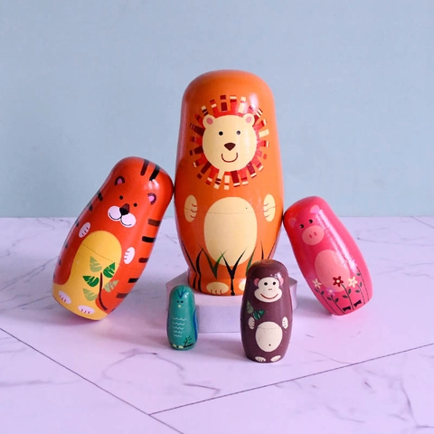 Poupées Russes Matriochka En Bois Peintes À La Main Motif Animaux Zoo Lion Tigre Singe Jouet Éducatif Décoration Maison