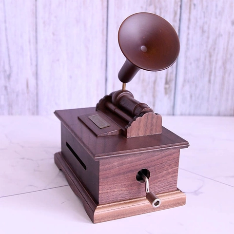 Carillon A Manovella In Legno Di Noce DIY Striscia Di Carta Forma Di Fonografo Retrò Scatola Musicale Meccanica Decorazione