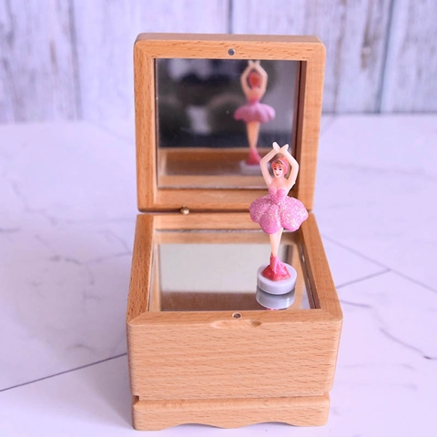 Vintage Wooden Ballerina Music Box With Mirror Rotating Girl Figurine Mechanical Wind Up Jewelry Storage Retro Decor