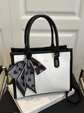 Women Stylish Snake Texture PU Leather Tote Bag Contrast Color Shoulder Bag With Heart Ribbon Bow Ribbon Adjustable Strap