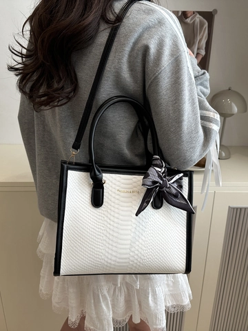 Women Stylish Snake Texture PU Leather Tote Bag Contrast Color Shoulder Bag With Heart Ribbon Bow Ribbon Adjustable Strap