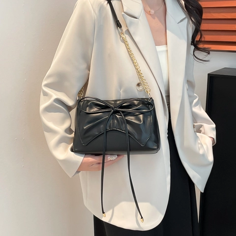 Vrouwen Mode Strik Decor Crossbodytas PU Leer Geplooide Schoudertas Met Gouden Metalen Ketting Casual Woon-werkverkeer Tas