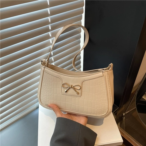 Borsa A Tracolla Sottobraccio In Pelle PU Motivo Coccodrillo Per Donna Decorazione Fiocco In Metallo Dorato Stile Retrò