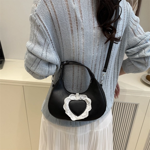 Borsa Hobo Donna a Mezzaluna in Pelle PU Con Applicazione a Cuore in Pizzo Borsa a Spalla e Tracolla Con Tracolla Regolabile Trend 2025