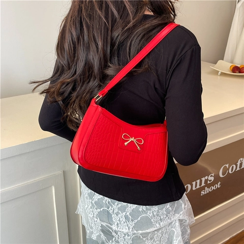 Borsa A Tracolla Sottobraccio In Pelle PU Motivo Coccodrillo Per Donna Decorazione Fiocco In Metallo Dorato Stile Retrò