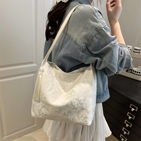 Damen Tote Bag Aus Spitze Und Jacquard Mit Schmetterlingsstickerei Große Kapazität Schultertasche Mit Quastenanhänger