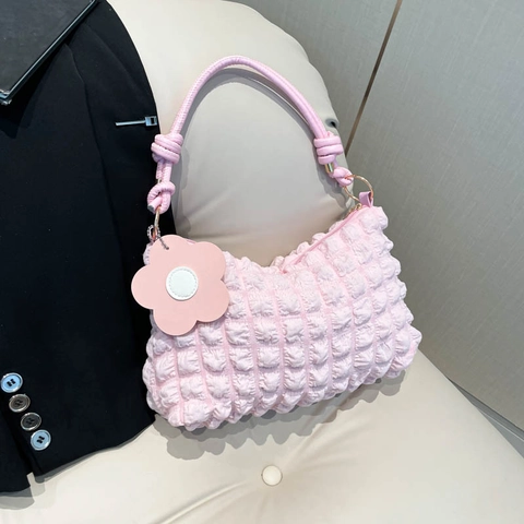 Borsa Sottoascellare a Bolle per Donna Borsa a Spalla Plissettata Popcorn Con Charm a Fiore Tracolla Annodata Borsa Hobo