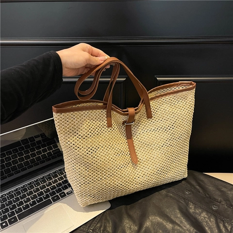 Borsa Tote in Paglia Intrecciata da Donna Grande Capacità Borsa a Tracolla Estiva da Spiaggia Con Finiture in Pelle PU Casual
