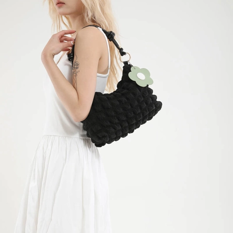 Borsa Sottoascellare a Bolle per Donna Borsa a Spalla Plissettata Popcorn Con Charm a Fiore Tracolla Annodata Borsa Hobo