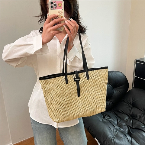 Borsa Tote in Paglia Intrecciata da Donna Grande Capacità Borsa a Tracolla Estiva da Spiaggia Con Finiture in Pelle PU Casual