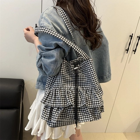 Gingham Rüschen Tote Bag Stoff Gestuft Karomuster Schultertasche Mit Kordelzug Süß Lässig Große Kapazität Für Frauen