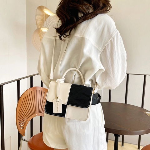 Women Patchwork PU Leather Crossbody Bag Chic Small Square Handbag With Top Handle Adjustable Strap Daily Casual