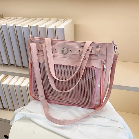 Ita Bag Damen PU Leder Transparentes PVC Fenster Herz Metallschnalle Große Kapazität Umhängetasche Japanischer Student DIY Tasche