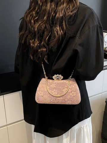 Luxury Women Evening Bag Crown Clasp Lace Rhinestone Clutch Purse Elegant Party Handbag Round Metal Handle Chain Bag