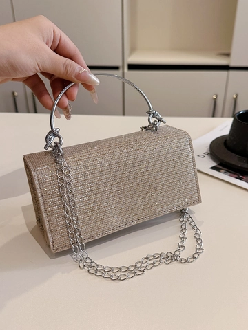 Elegante Borsa da Sera con Paillettes Glitterate Con Manico ad Anello in Metallo e Tracolla a Catena Piccola Borsa Quadrata