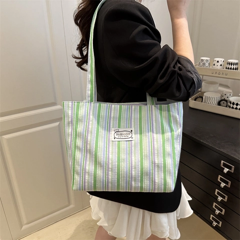 Contrast Stripe Canvas Tote Bag Large Capacity Commuter Shoulder Bag For Women Students Fashion Striped Top Handle Bag