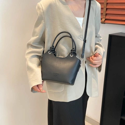 Bolso Cubo Minimalista de Cuero PU para Mujer Gran Capacidad Color Sólido Bolso de Hombro Con Asa Anudada Bolso de Oficina
