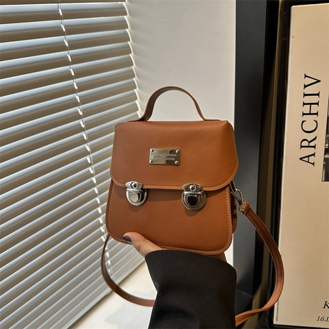 Retro PU Leather Small Square Shoulder Bag For Women Minimalist Solid Color Crossbody Handbag Double Lock Silver Hardware