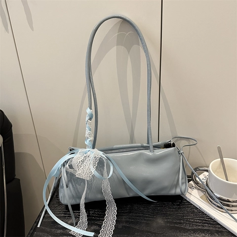 Glanzende PU Leren Baguette Okseltas Met Zoete Kant Strik Balletcore Vintage Stijl Schoudertas Voor Dames