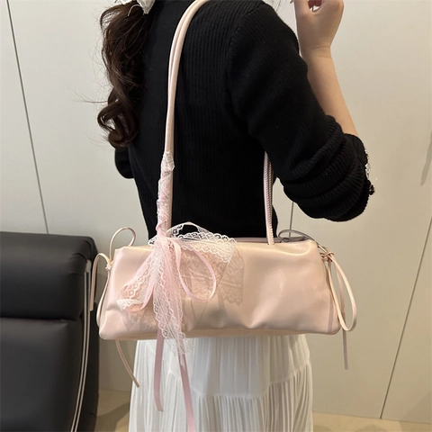 Glanzende PU Leren Baguette Okseltas Met Zoete Kant Strik Balletcore Vintage Stijl Schoudertas Voor Dames