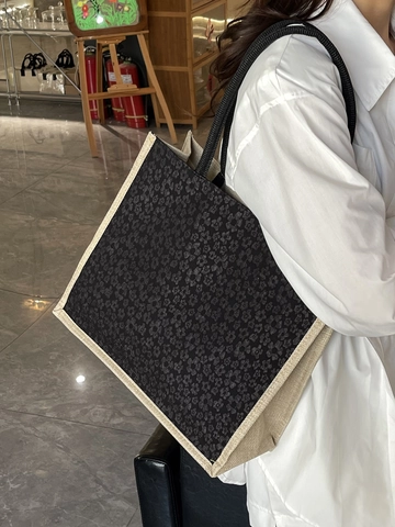 Women Floral Print Cotton Linen Jute Tote Bag Large Capacity Handbag With Magnetic Buckle And Inner Zipper Pocket Casual Shopping Bag