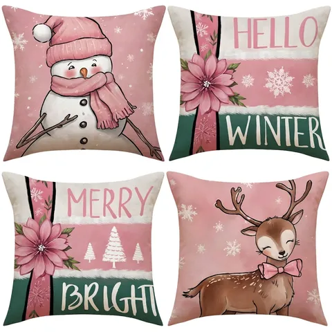 Kerst Kussenslopen Linnenmix Sneeuwpop Rendier Print Roze Groen Zachte Kussenhoezen Voor Bank Woonkamer Slaapkamer Decoratie