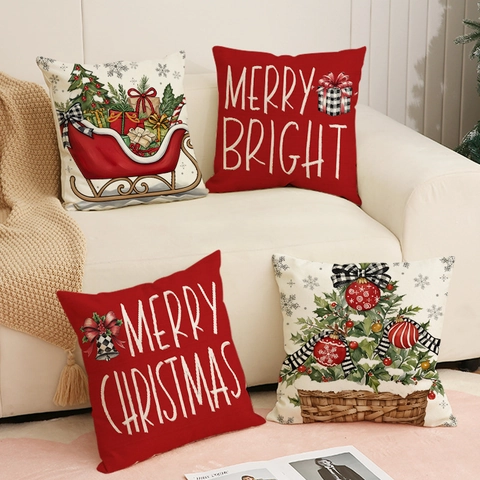 Fundas De Cojín De Navidad Lino Merry Christmas Letra Trineo Árbol Patrón Cuadrado Decoración De Sofá Para Dormitorio