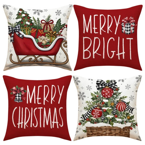 Fundas De Cojín De Navidad Lino Merry Christmas Letra Trineo Árbol Patrón Cuadrado Decoración De Sofá Para Dormitorio