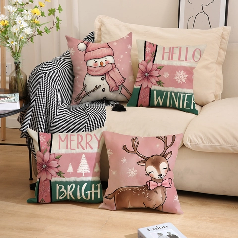 Kerst Kussenslopen Linnenmix Sneeuwpop Rendier Print Roze Groen Zachte Kussenhoezen Voor Bank Woonkamer Slaapkamer Decoratie