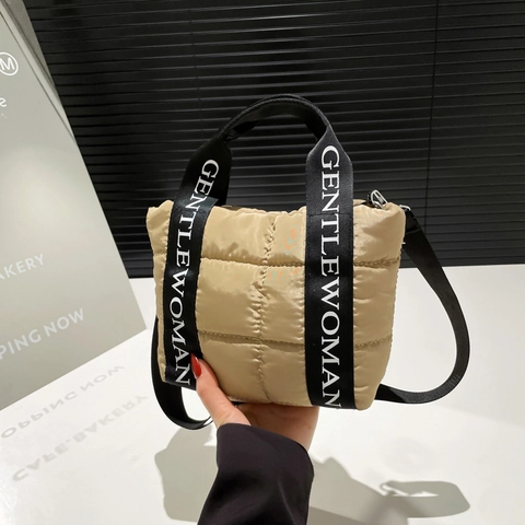 Quilted Cotton Puffer Tote Bag With Letter Webbing Handles Adjustable Shoulder Strap Large Capacity Casual Fashion Handbag