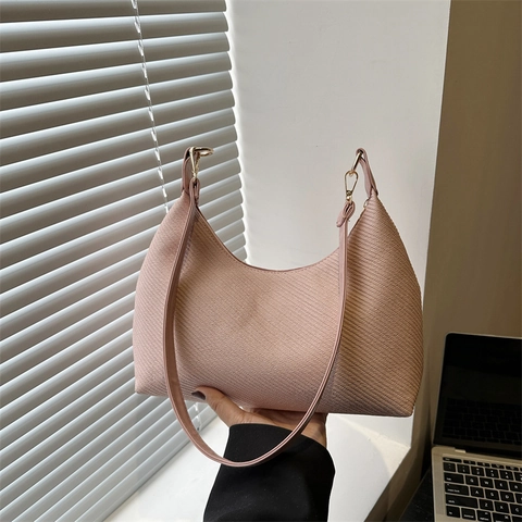 French Fashion Minimalist PU Leather Weave Texture Hobo Bag For Women Large Capacity Shoulder Bag Solid Color Underarm Bag