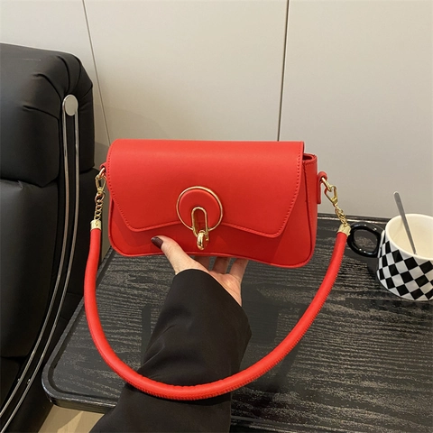 Women Underarm Shoulder Bag PU Leather Gold Circular Metal Buckle Trendy Niche Design Square Flap Bag