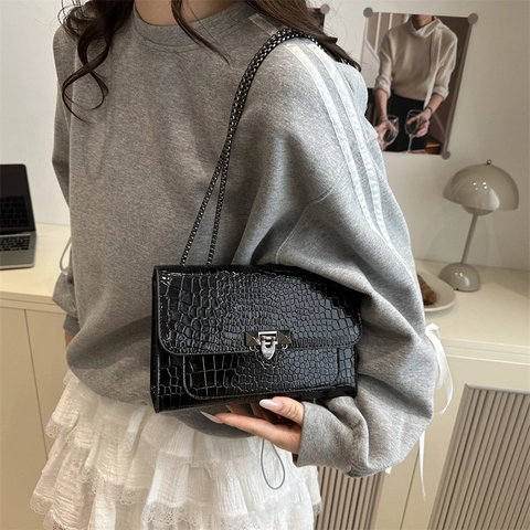 Sac Bandoulière Vintage en Cuir PU avec Motif Crocodile pour Femmes Sac à Épaule avec Chaîne à la Mode Petit Sac Carré