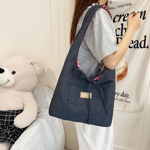 Borsa Tote Da Donna A Quadretti Grande Capacità Tasca In Denim Casual In Tela Di Nylon A Spalla Con Fiocco