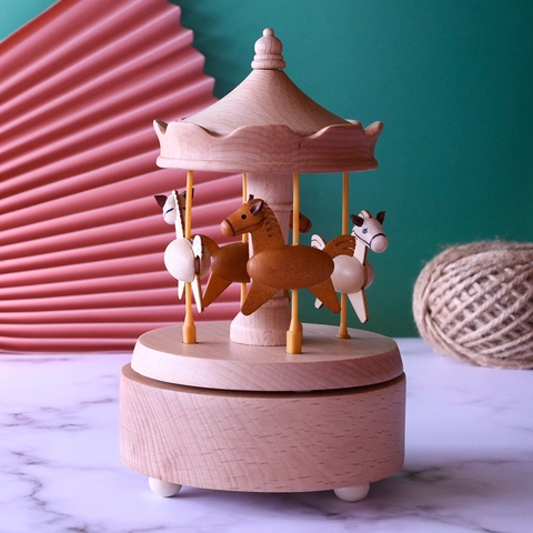 Caja De Música De Carrusel Madera Haya Rotativo Mecánico Decoración Regalo