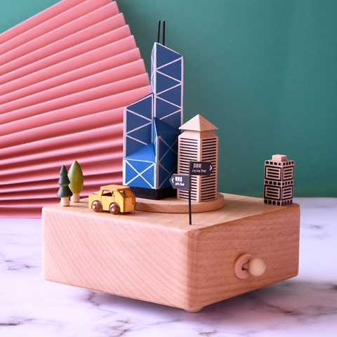 Rotierende Musikalische Schreibtisch Dekoration Hong Kong Skyline Buchenholz Handbemalt Souvenir