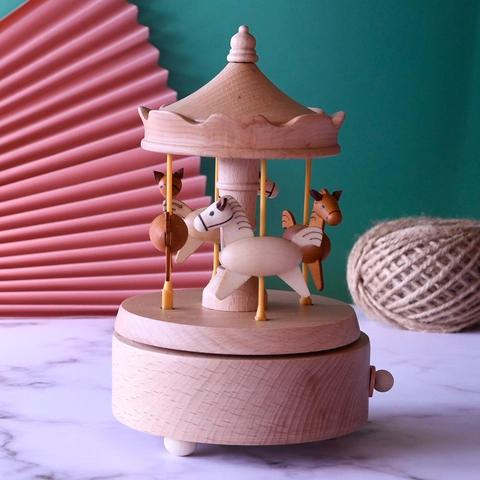 Caja De Música De Carrusel Madera Haya Rotativo Mecánico Decoración Regalo
