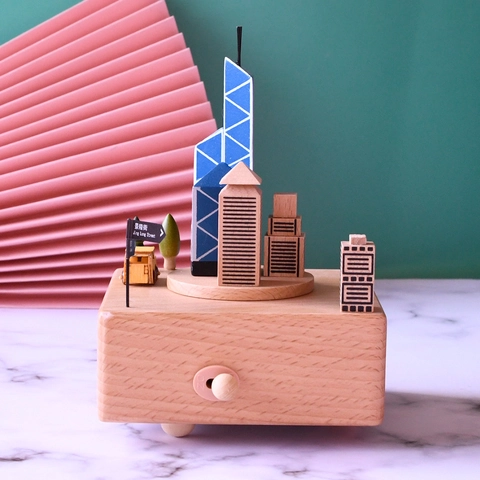 Rotierende Musikalische Schreibtisch Dekoration Hong Kong Skyline Buchenholz Handbemalt Souvenir