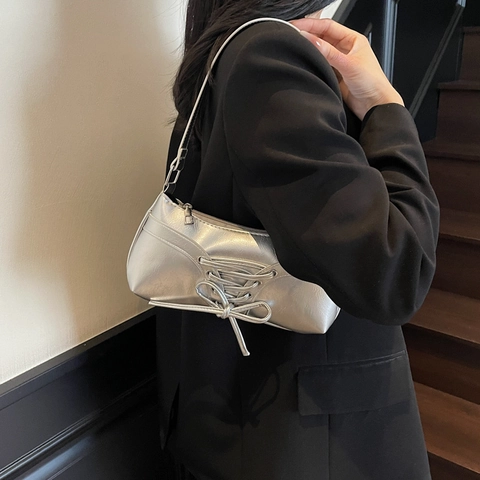 Women Underarm Bag Glossy PU Leather Lace Up Bow Decor Shoulder Baguette Bag Solid Color French Style Fashion