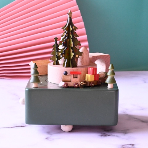 Kerst Houten Muziekdoos Beukenhout Wind-Up Roterende Trein Boom Mechanisch Ornament Handgemaakt Cadeau