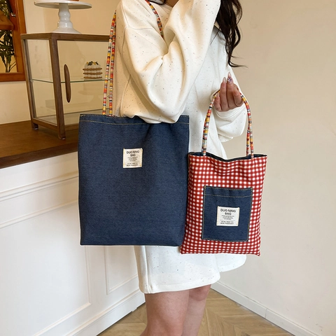 Borsa Tote Da Donna In Tela Gingham Plaid Tasca In Denim Borsa A Spalla Casual Cinghie Intrecciate Doppia Faccia Stile Artistico