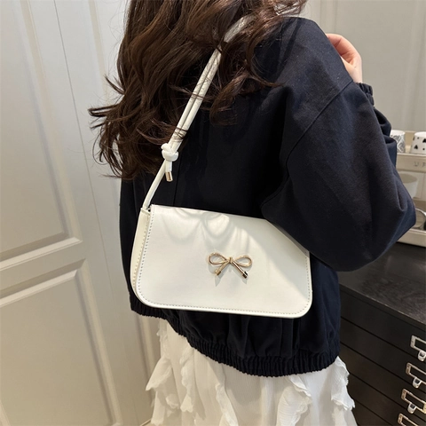 Elegante Borsa da Ascella in Pelle PU da Donna con Fiocco Piccola Borsa a Tracolla Quadrata Minimalista Casual