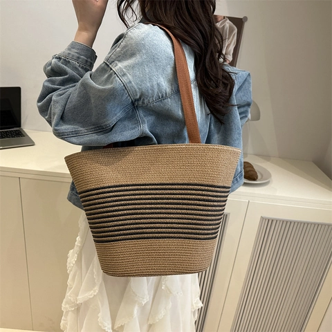 Damen Casual Gewebte Strohhandtasche Große Kapazität Gestreifte Beuteltasche Schultertasche Für Sommer Reise Urlaub Alltag