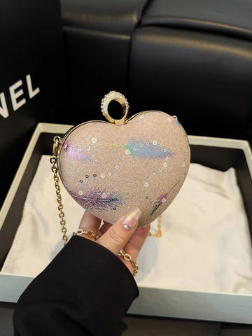 Heart Shaped Evening Clutch Bag Sequin Glitter Feather Print With Rhinestone Ring Lock Metal Chain Strap For Women