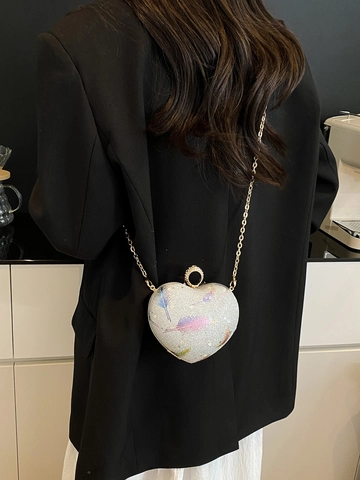 Heart Shaped Evening Clutch Bag Sequin Glitter Feather Print With Rhinestone Ring Lock Metal Chain Strap For Women