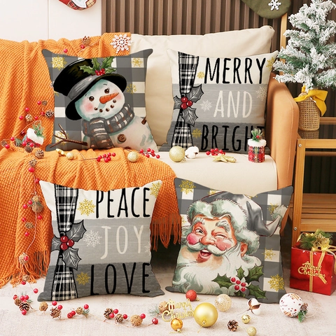 Funda de Almohada de Navidad Mezcla de Lino a Cuadros 45x45cm Funda de Cojín Decorativa para Sofá Sala de Estar Muñeco de Nieve