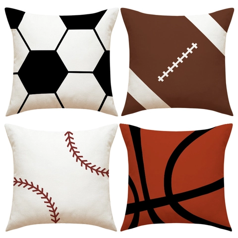 Sports Theme Throw Pillow Covers Soccer American Football Baseball Basketball Pattern Polyester Faux Linen Square Cushion Case Home Decor