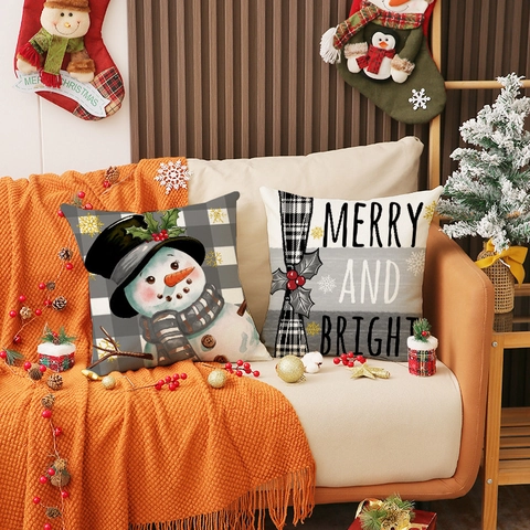 Funda de Almohada de Navidad Mezcla de Lino a Cuadros 45x45cm Funda de Cojín Decorativa para Sofá Sala de Estar Muñeco de Nieve
