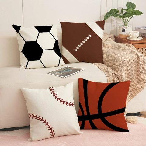Sports Theme Throw Pillow Covers Soccer American Football Baseball Basketball Pattern Polyester Faux Linen Square Cushion Case Home Decor