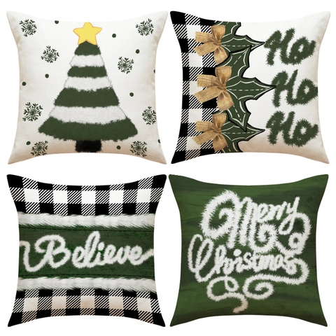 Fundas De Cojín De Navidad Lino Sintético Cuadros Buffalo Cuadrado Decoración Festiva Verde Blanco Para Sofá Salón